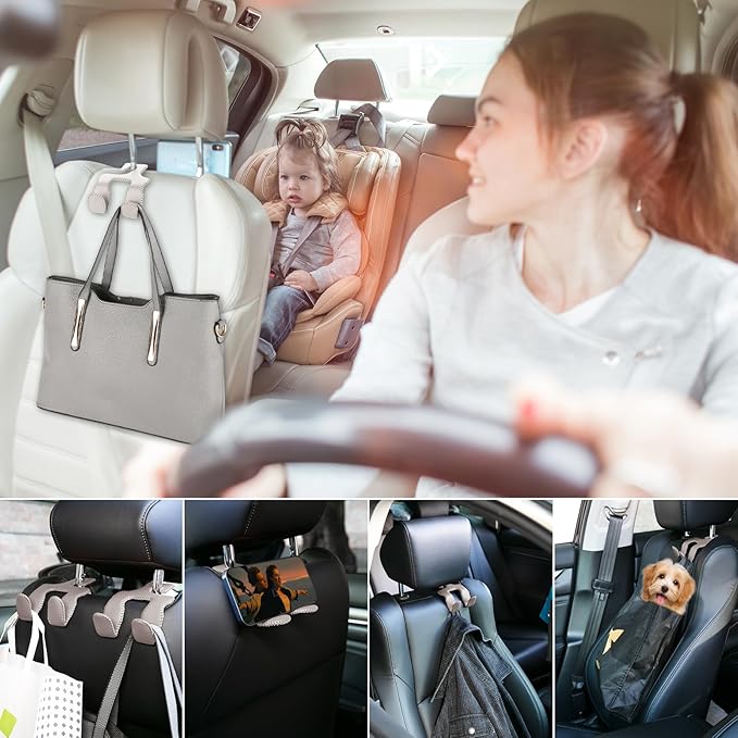 Car Hooks for Purses and Bags,Car Purse Holder Upgraded 2 in 1 Durable Hanger Leather Headrest Hook Car Back Seat Organizer Storage for Purse Car Interior Accessories,2-Pack,Beige