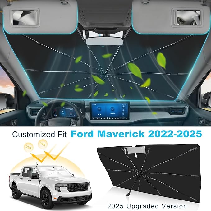 2025 Upgrade Windshield Sun Shade Umbrella Custom Fit for Ford Maverick 2022-2025 Foldable UV Protection Car Cover, Emergency Rain Shield & Dashboard Protector - Durable Auto Accessory