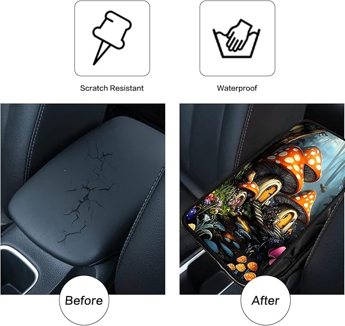 JANENFNA Car Armrest Cover Pads Universal Fashion Cute Auto Center Console Armrest Cover Pad with 2PCS Car Coasters Soft Waterproof Car Armrest Seat Protector for Women,Mushroom House