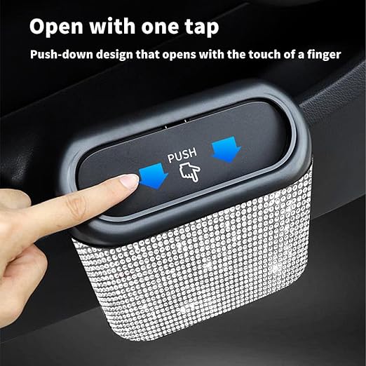 Bling Car Trash Can with Lid Mini Auto Garbage Bin Rhinestone Hanging Vehicle Trash Container Odor Proof Organizer (White)