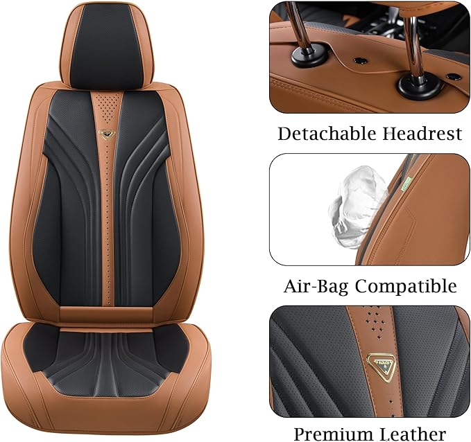 FLORICH Leather Seat Covers, 2 PCS Waterproof Front Car Cushions, Black and Brown Automotive Driver Covers Fit for Most Cars SUV Trucks