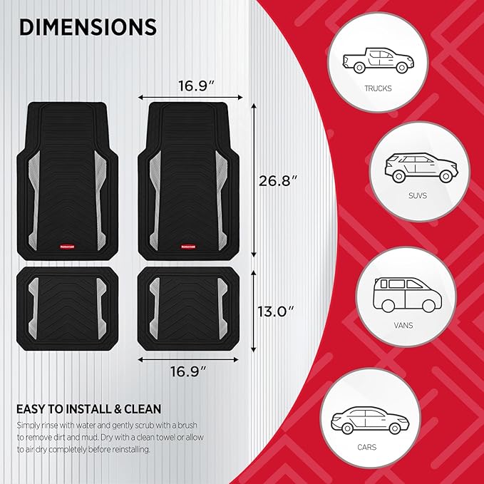 Rubbermaid Car Floor Mat, Heavy Duty All-Weather Car Mats Full Set with Dual-Tone Sliver Aluminum Inserts – Universal Fit, Anti-Slip Backing, Trim-to-Fit for Most SUV, Sedan, Van