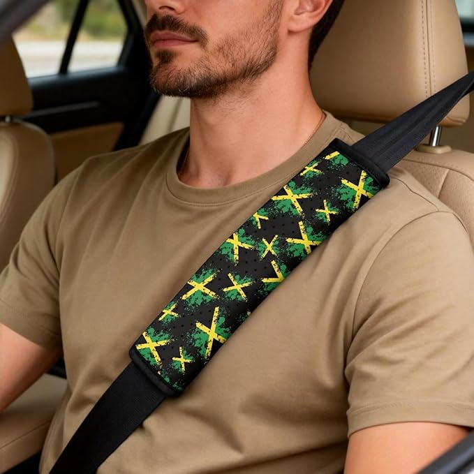 FUSURIRE Jamaica Flag 5 Pcs PU Front Seat Covers, Seat Belt Covers & Center Armrest Pad for Car SUV Truck Car Interior Accessories