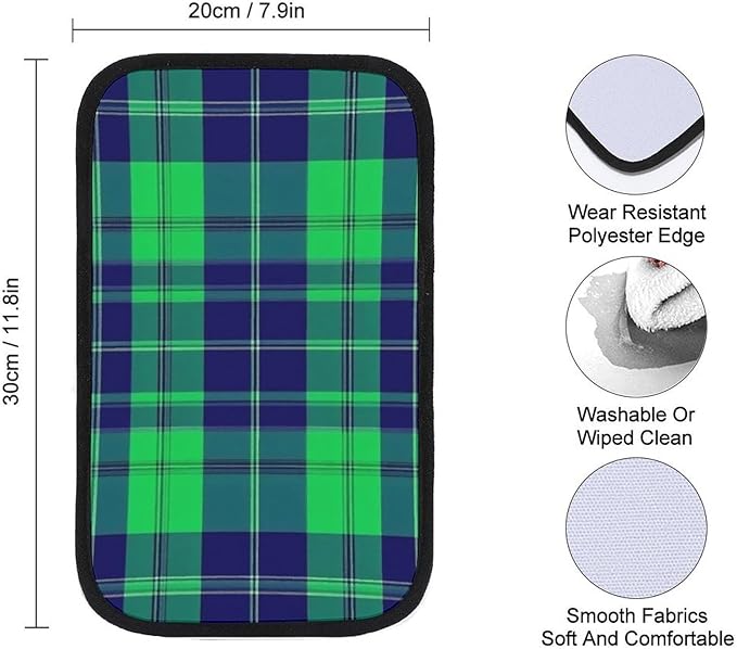 Center Console Cover Pad, Breathable Car Armrest Pad Seat Box Cushion Blue Green Scottish Tartan Plaid Arm Rest Cover Universal Fit for Most Vehicles