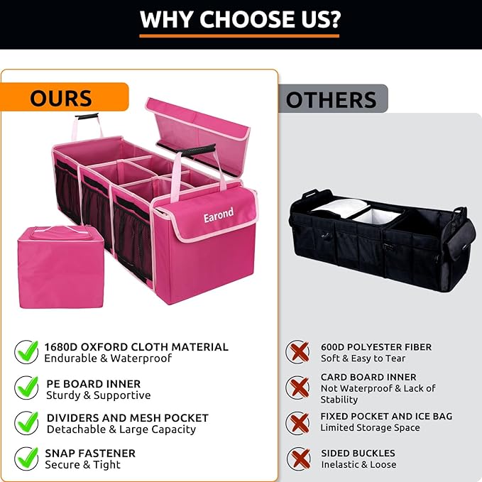 EAROND Collapsible Trunk Organizer with Insulated Leakproof Cooler Bag,Removable Lid,Adjustable Securing Straps,3 Compartments Trunk Organizer for SUV,Truck,Sedan(Pink)