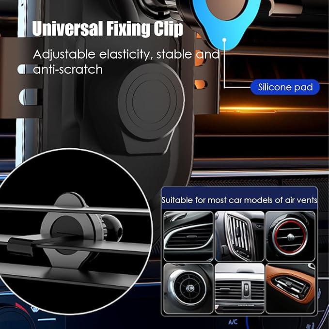 Wokyo Wireless Car Charger Mount, 66W Fast Magnetic Charging and 360° Rotatable, Intelligent Air Vent Car Phone Holder, Auto-Clamping Mount Wireless Charging Compatible Most Smartphones (Silver)