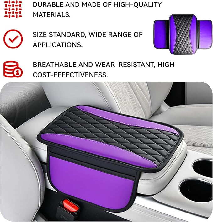 Patchwork Leather Center Console Cover, Upgraded Car Armrest Cover with 2 Storage Bags, Universal Arm Rest Covers for Car, Vehicle Interior Accessories Middle Console Cushion Organizer (Purple)