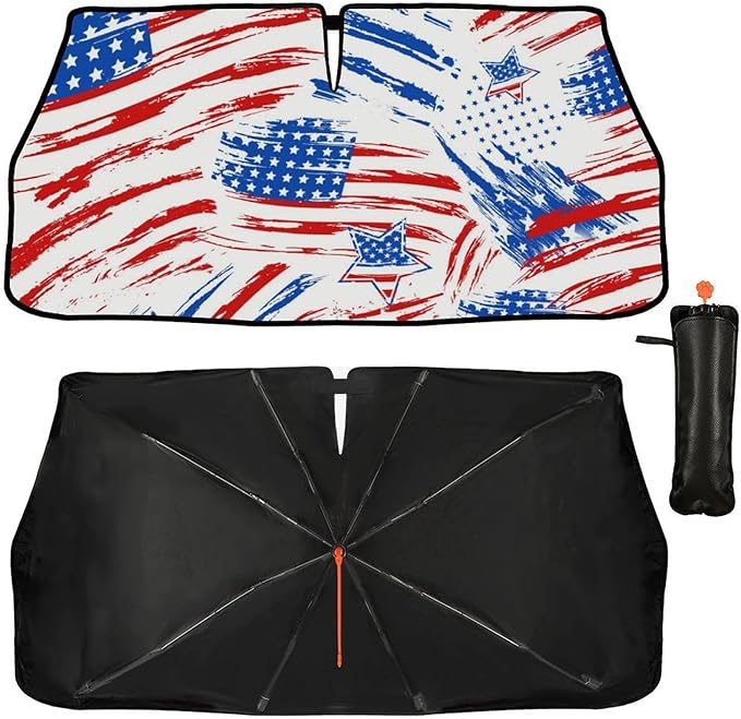 DOPINDU American Flag Car Windshield Sun Shade Umbrella Bendable Handle Foldable Funny Sunshade for Car Windshield Block UV Rays Keep Vehicle Cool for Most Sedans SUV Trucks Cars 57"x30"