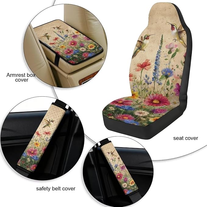 Qeluxign 5 Piece Car Seat Covers Set for Women Men Hummingbird Colorful Floral PU Leather Seat Covers Belt Pads and Armrest Cover Universal Fit Car Accessories