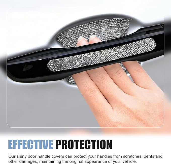 10PCS Bling Car Door Handle Protector, Crystal Rhinestone Car Door Handle Scratch Protector, Anti-Scratch Door Bowl Paint Guard Protective Film, for Auto, Van, Truck (Silver)