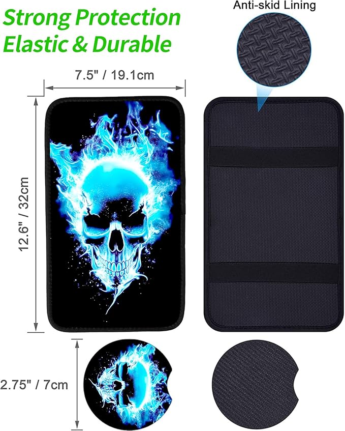 JANENFNA Car Armrest Cover Pads Universal Fashion Cute Auto Center Console Armrest Cover Pad with 2PCS Car Coasters Soft Waterproof Car Armrest Seat Protector for Women,Blue Flame Skull