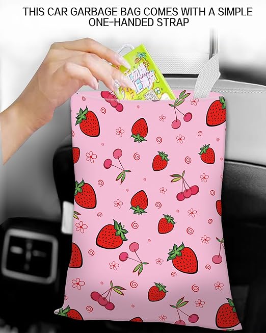 ANKVRP Car Trash Can, Durable Hanging Car Trash Garbage Bag, Cute Automotive Garbage Cans Organizer, Cute Pink Cherry Strawberry