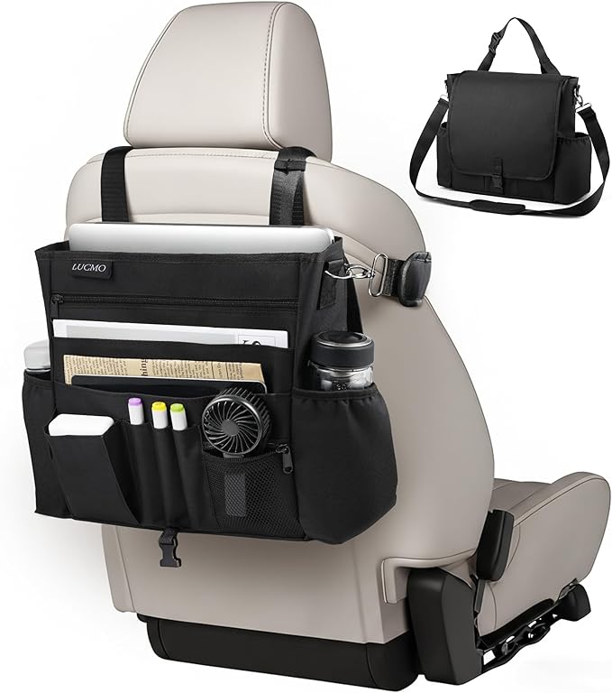 LUCMO Car Seat Organizer with Tablet and Laptop Compartment, Multiple Pockets Truck Front Seat and Backseat Organizer, Portable Large Capacity Office Bag with Adjustable Strap and Hardened Buckles