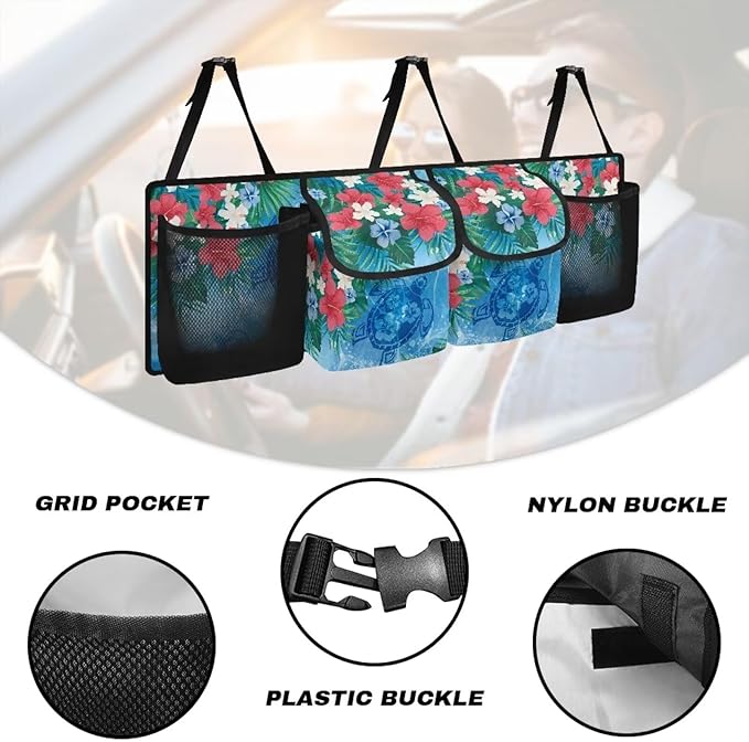 Dreaweet Hibiscus Flower Print Trunk Organizer for Car Women Collapsible Trunk Hanging Organizer Backseat Bag Blue Sea Turtle Car Storage Accessories with 2 Pockets & 2 Mesh Pouches for Groceries