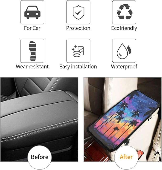 Universal Car Center Console Cushion Pad, Coconut Trees Night Sky Soft Waterproof Car Center Console Cover Auto Armrest Seat Box Cover Protector for Most Vehicle SUV Truck Car
