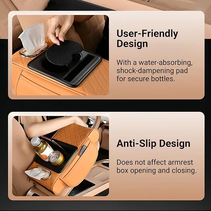 AHFBF Multifunctional Pu Leather Car Armrest Box Mat, Armrest Box Pad for Car, Leather Car Armrest Box Pad with Cup Holders, Car Armrest Box Mat, 5-in-1 Car Center Console Cover (Orange)