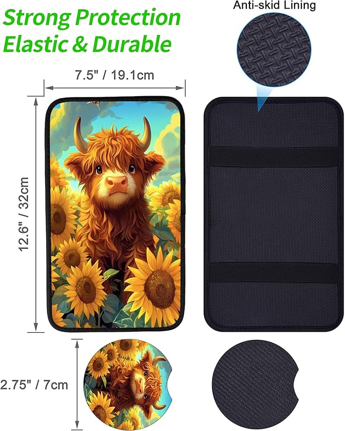 JANENFNA Car Armrest Cover Pads Universal Fashion Cute Auto Center Console Armrest Cover Pad with 2PCS Car Coasters Soft Waterproof Car Armrest Seat Protector for Women,Sunflower Highland Cow