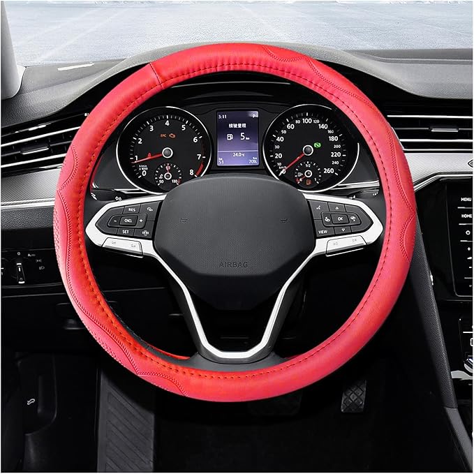 15 Inch Leather Steering Wheel Cover, Breathable Anti-Slip Steering Wheel Protector Cover, Elastic Soft Comfortable Universal Wheel Cover for Men and Women, Car Accessories (Red)