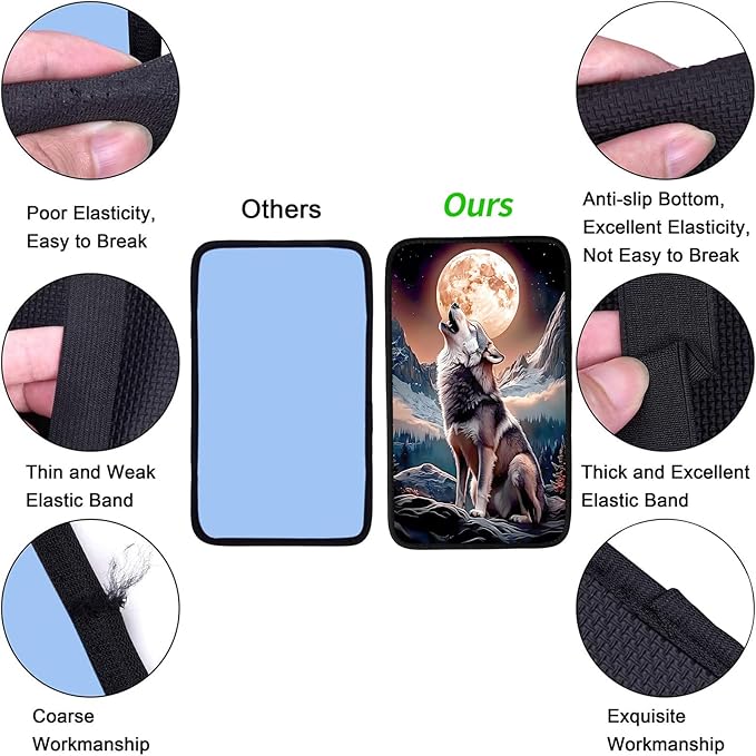 JANENFNA Car Armrest Cover Pads Universal Fashion Cute Auto Center Console Armrest Cover Pad with 2PCS Car Coasters Soft Waterproof Car Armrest Seat Protector for Women,Wolf Moon Howl-A