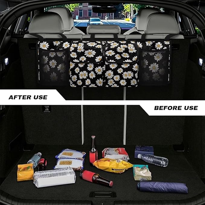Daisy Trunk Organizer with 4 Pockets, Adjustable Car Organizers Storage Back Seat Car Organizer Machine Washable, Make The Trunk of Your Car Look Neat and Tidy