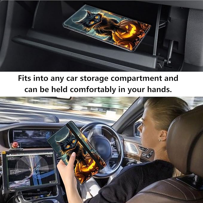 Qindaiwen Car Registration and Insurance Holder, Vehicle Card Document Elastic Band Closure Glove Box Organizer, Driver License Cards, Car Accessories for Essential Info, Black Cat