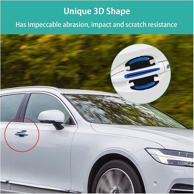 Augeny 8 PCS Car Door Handle Protector Reflective Stickers, Universal 3D Carbon Fiber Auto Door Handle Paint Guard, Anti-Scratch Car Door Bowl Protective Film for Most Cars (Blue)