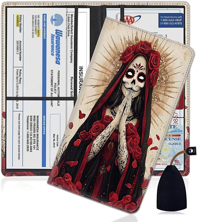 Car Registration Holder, PU Leather Vehicle Glove Box Organizer for Driver License, Document, Car Insurance Holder with Magnetic Shut, Auto Paperwork Wallet Case Accessories, Day Of The Dead Girl