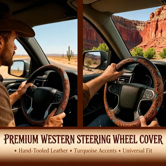 Retro Western Cowboy Car Universal Steering Wheel Cover – Western Steering Wheel Cover for Men & Women - 15 Inch Embossed Leather Anti-Slip Grip–Universal Fit for Truck, SUV, Car (B)