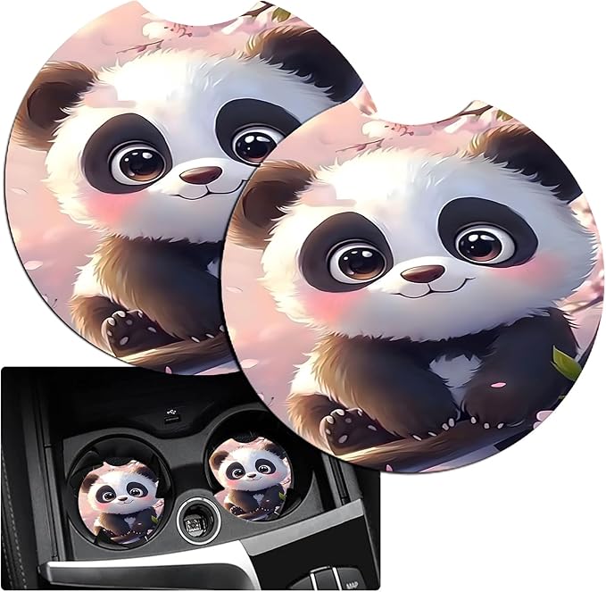 JANENFNA Car Armrest Cover Pads Universal Fashion Cute Auto Center Console Armrest Cover Pad with 2PCS Car Coasters Soft Waterproof Car Armrest Seat Protector for Women,Pink Flower Panda
