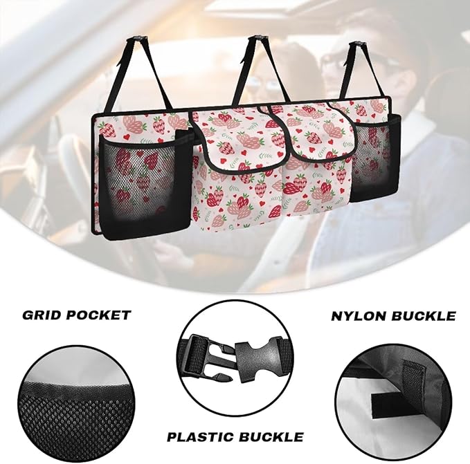 Dreaweet Strawberry Print Car Trunk Organizer for Sedan Collapsible Car Organizers and Storage with 4 Pockets Hanging Back Seat Organizer Cute Car Storage Accessories Interior for Women