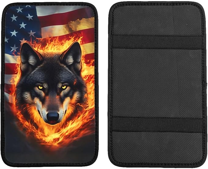 Universal Car Center Console Cushion Pad, American Flag Wolf Soft Waterproof Car Center Console Cover Auto Armrest Seat Box Cover Protector for Most Vehicle SUV Truck Car