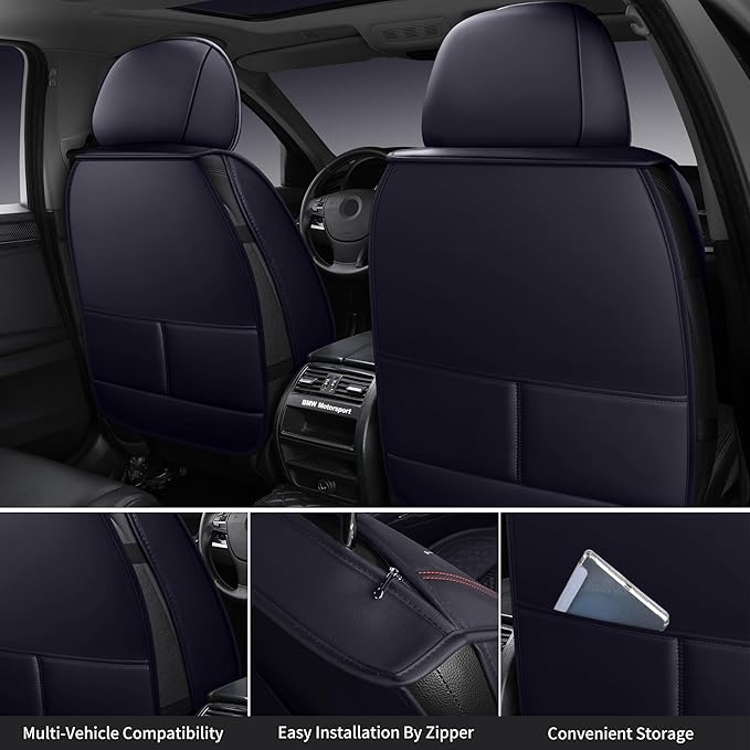 HighnessHwoo Luxury Car Seat Covers Full Set, Breathable Faux Leather Car Seat Protector, Dog Child Kids Summer Ventilated Seat Cushion for Front & Back Seats, Universal, Black, Full Set 5 Seats