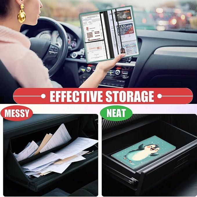 Car Registration and Insurance Card Holder for Women Men, Waterproof PU Leather Glove Box Car Organizer with Magnetic Shut, Vehicle Document Holder for Driver License,Cards, Cute Penguin Happy