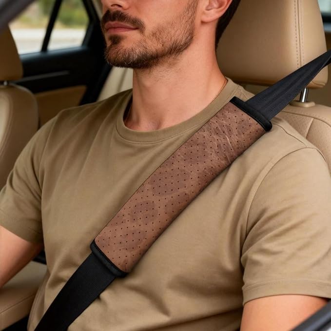 Psesaysky 5 PCS Car Accessories Interior Set for Men Women, Brown Cowhide Front Auto Seats Protectors with Seatbelt Pads, Middle Storage Organizer Pads