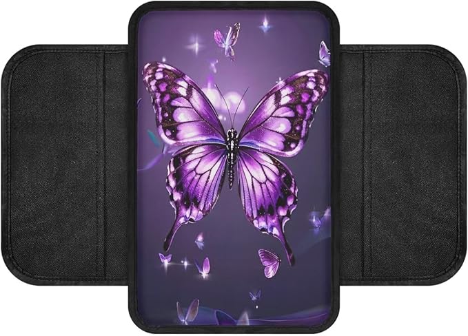 BIGCARJOB Butterfly Printed Car Center Console Cover with Side Storage Cute Auto Armrest Seat Box Cover,Non-Slip Armrest Cover Cushion Purple Butterfly Car Interior Accessories