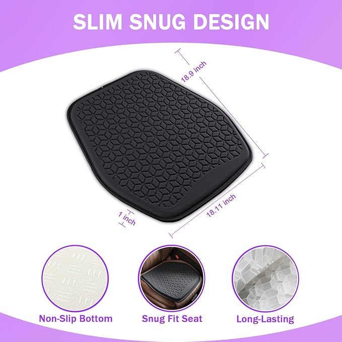 Thin Gel Seat Cushion for Car Seat, Office Chair, Wheelchair, Golf Cart - Non-Slip Car Seat Cushions with 0.7 Inch Gel - Sciatica & Coccyx Pain Relief (Fabric, Black)