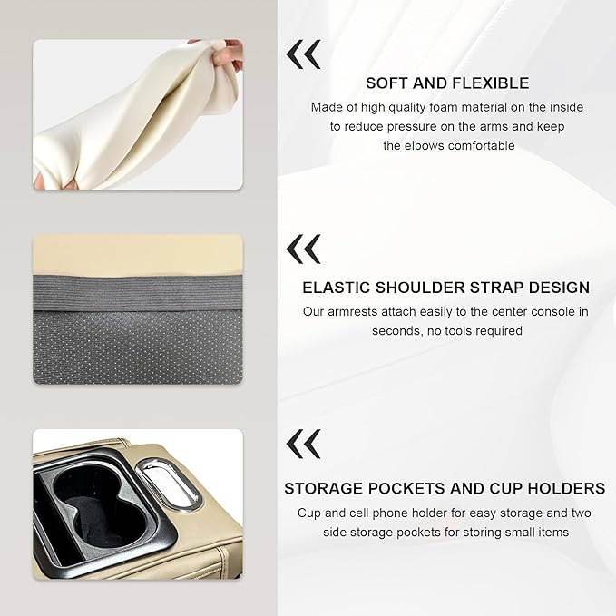 Car Center Console Armrest Pillow, Leather Arm Rest Cover Pad with 2 Storage Pockets Cup Holder & Phone Slot, Soft Middle Console Cushion Protector for Most Vehicles (Beige, Normal)