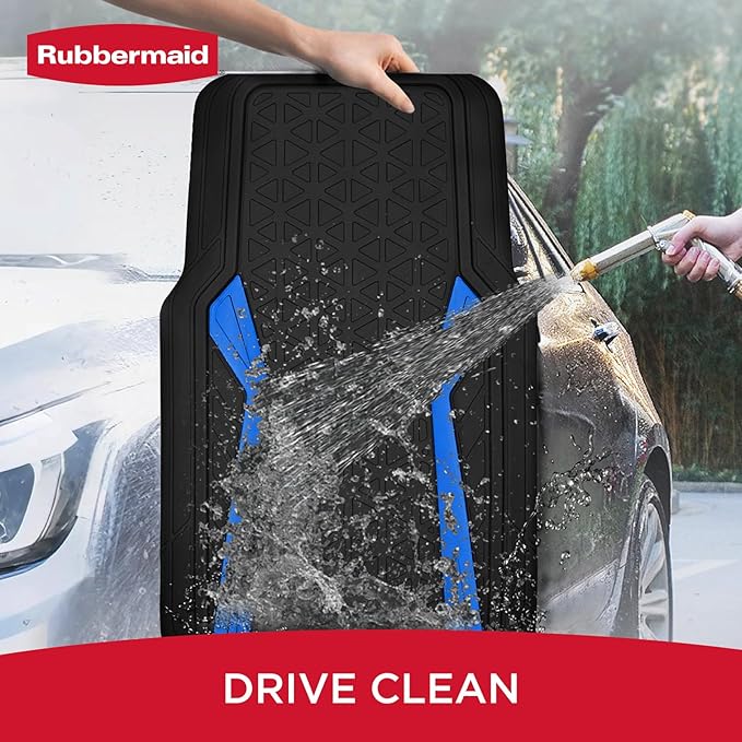 Rubbermaid Car Floor Mats Full Set, Premium Heavy Duty All-Weather Car Mats– Rugged Rubber with Brushed Aluminum Inserts, Universal Trim-to-Fit, Anti-Slip Backing for Cars, SUVs, Trucks & Vans - Blue