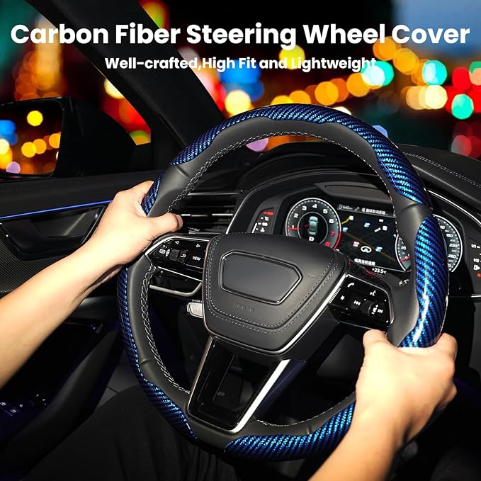Carbon Fiber Steering Wheel Cover 3PCS Set – Anti-Slip, Scratch-Resistant, Universal Fit for 14–16 Inch Wheels – Interior Car Accessories for Cars, SUVs, Trucks (Blue)