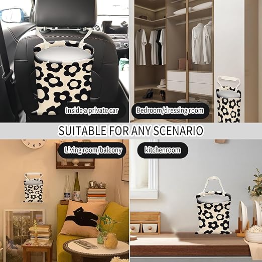 AUEKLLW Car Trash Can, Hanging Garbage Bin for Men and Women, Cute Car Organizer and Storage Bag, Canvas Vehicle Trash Can Bag Easy-to-Install Boho Black Floral