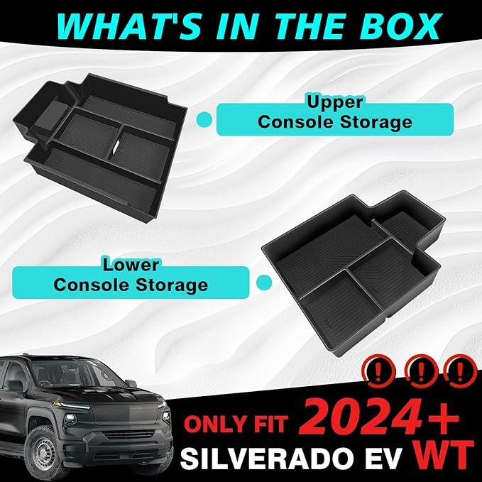 BestEvMod 2PCS Center Console Organizer Trays Fit for Chevrolet Silverado EV 2024 2025 Pickup Armrest Storage Box ABS Material with PVC Trim Not Fit ICE or RST Models (Top + Bottom)