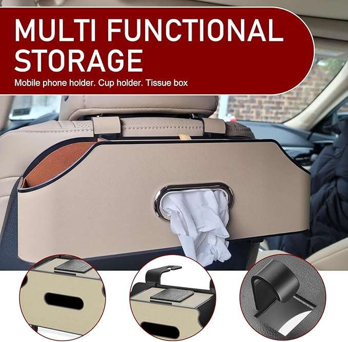 Car Back Seat Storage Box, Leather Car Seat Back Multifunctional Organizer, Detachable Partition Design Backseat Storage Box for Cars, Great Fit for Kids and Travel (Beige)
