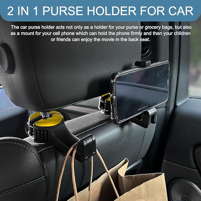 2PCS Car Headrest Hidden Hook, Bag Holder for Car, 2 in 1 Auto Seat Hooks with Phone Holder, 360° Rotation Adjustable Vehicle Back Seat Storage Hanger for Purses and Bags (Gold)
