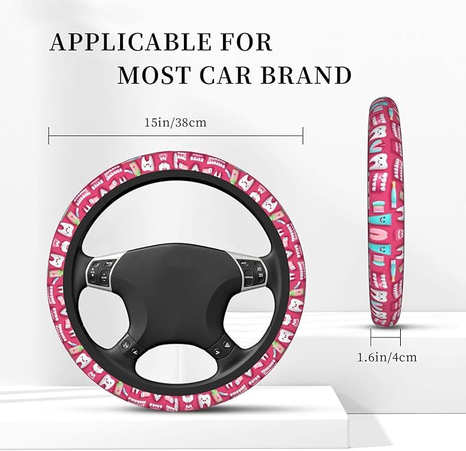 Dentistry Teeth Pattern Car Steering Wheel Cover, 15 Inch Steering Wheel Cover Stylish Decor for Most Cars