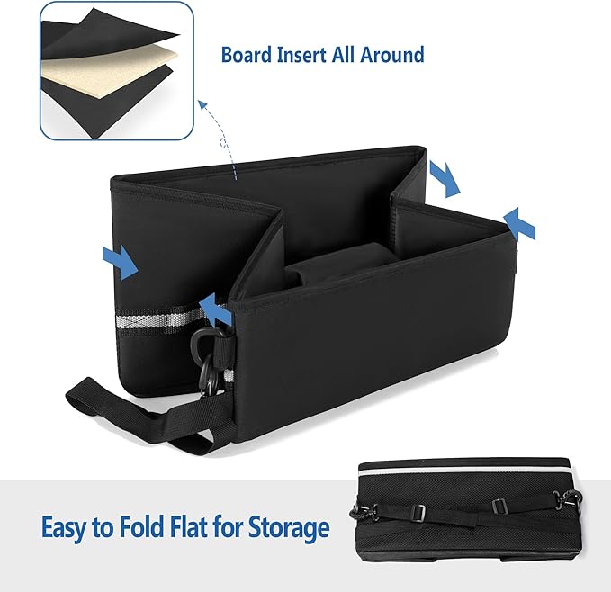Under Seat Storage Fit for SuperCrew Cab, Foldable Truck Organizers and Storage Box Under Rear Seat For Single Seat with Removable Bottom Plate, 2 Side Handles and Hook Snap Fix Strap, Black