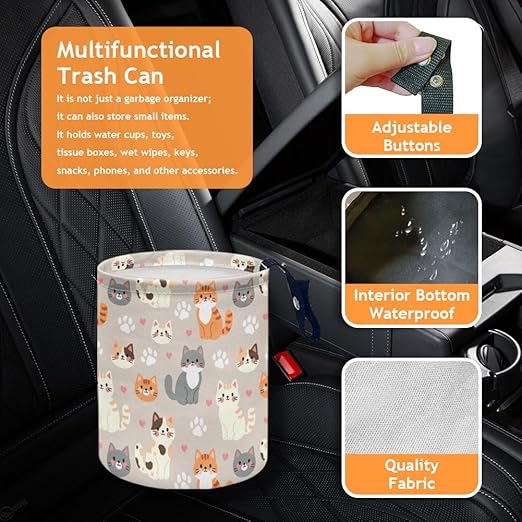 Cute Cats Car Trash Can Kitten Paws Waterproof Garbage Can Car-Seat Back Hanging Trash Bag Portable Camping Waste Bin Storage Bag Collapsible Rubbish Container for Car (5.9" W,7.2" H)