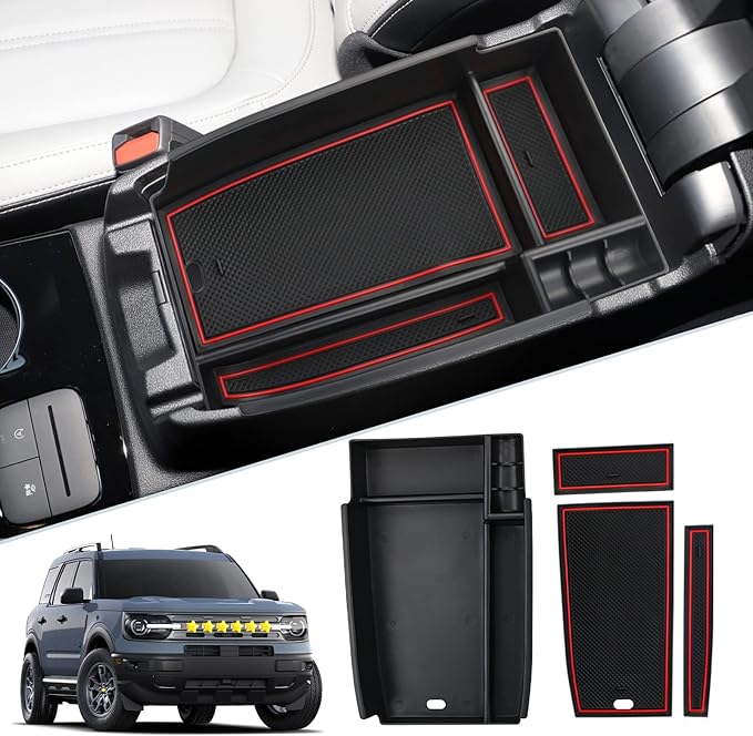 SKTU for 2021 2022 2023 2024 2025 Ford Bronco Sport Center Console Organizer for 2023 2024 2025 Ford Bronco Sport Accessories Insert ABS Black Materials Tray Armrest Secondary Storage Box (Red)