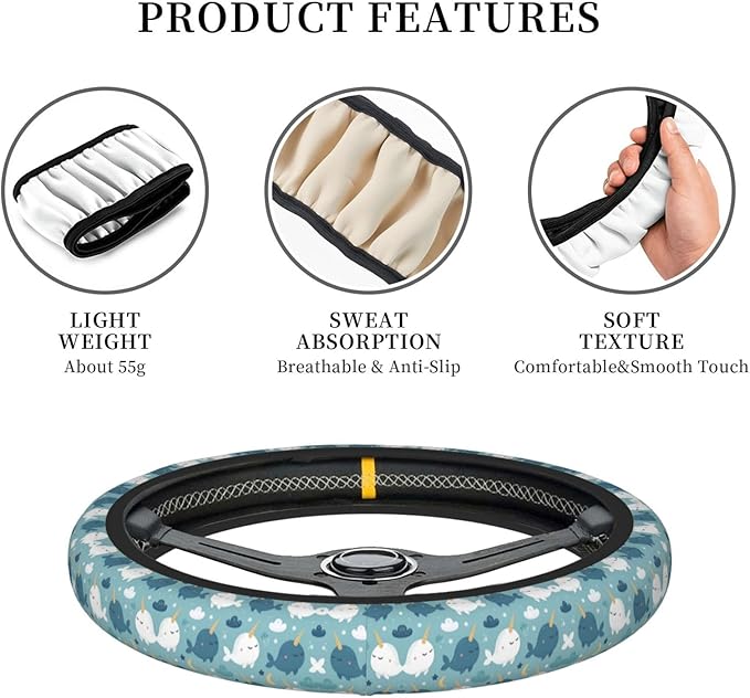 Cute Narwhal Pattern Car Steering Wheel Cover, 15 Inch Steering Wheel Cover Stylish Decor for Most Cars