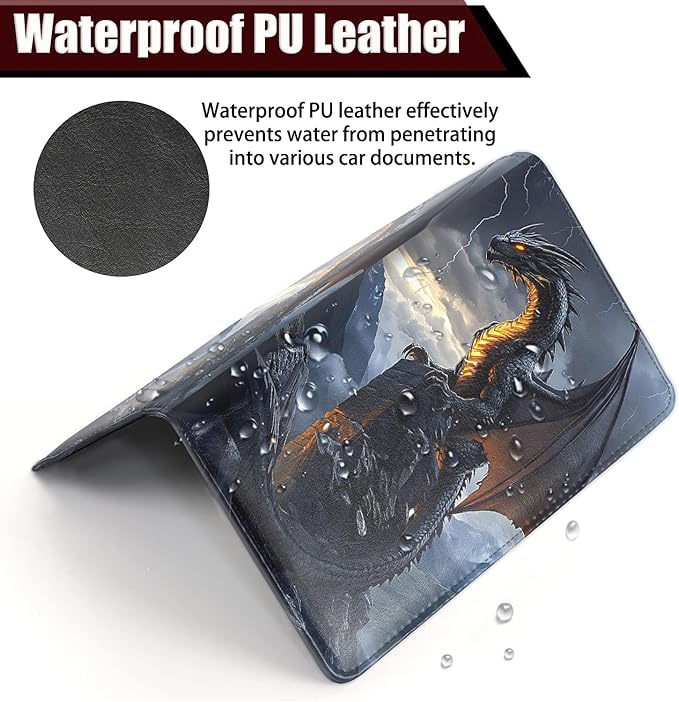 Car Document Holder with Magnetic Shut, Car Registration and Insurance Card Holder, Vehicle Glove Box Organizer Documents, Driver License, Auto Paperwork Organizer Wallet, Black Dragon In The Storm