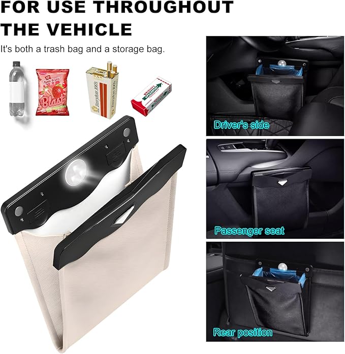 Car Hanging Trash Can, Magnetic Closure LED Light Auto Trash Bag Storage Pocket, Collapsible Waterproof Leather Hanging Trash Can with Disposable Trash Bag, Car Accessories (Beige)